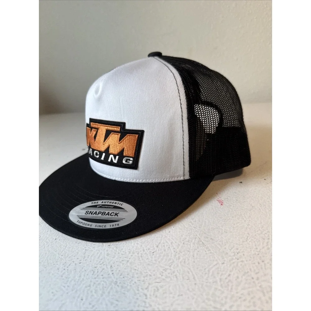 New KTM Racing Patch Heat Pressed On a Yupoong Classic Trucker Hat Flat Bill